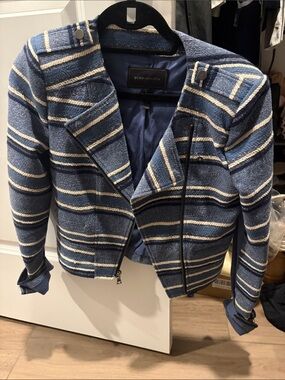 BCBGMaxAzria Navy and Cream Striped Moto Blazer